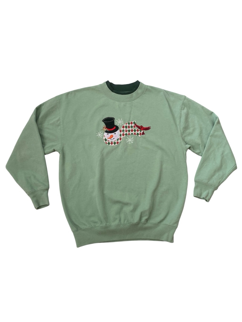 Vintage Christmas Sweatshirt Snowman embroidered green double collar medium